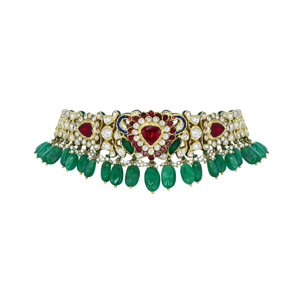 Polki Choker with Emerald Drops and Red Stone Motif